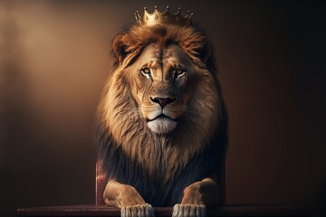 Wall Mural -  a lion with a crown on its head sitting on a chair in a dark room with a spotlight coming in from the side of the wall and a spotlight from the top of the lion. generative ai