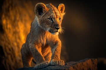 Poster -  a young lion cub standing on a rock in the dark with a glowing background and a spotlight from the back of the picture, with a black background of a dark background with a yellow. generative ai