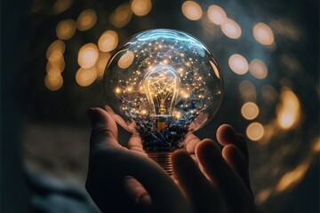  a person holding a light bulb in their hand with a lot of lights in the background and a blurry background of lights in the background, and a person holding a light bulb in their hand. generative ai