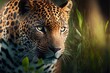  a leopard is walking through the grass and bushes in the wild, looking at the camera with a serious look on his face and eyes, with a blurry background of green foliage and. generative ai