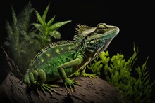  A Green And Yellow Lizard Sitting On A Rock In A Forest Of Plants And Plants In The Background, With A Black Background, With A Black Border, And White Border, And Green Border. Generative Ai
