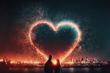  Two People Standing In Front Of A Heart Shaped Fireworks Display In The Night Sky With A City Skyline In The Background And A Bright Light Up Heart In The Sky Above Them Is A Dark. Generative Ai