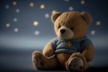 Wall Mural -  a  bear with a blue shirt and stars on it's chest sitting in front of a blue background with stars on it's chest and a blue background with a yellow and white. generative ai 