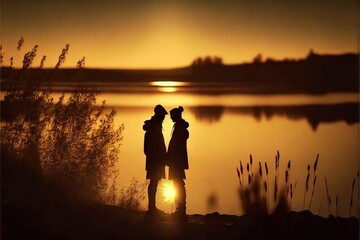 Canvas Print -  two people standing next to each other near a lake at sunset or sunrise time with the sun setting behind them and the water reflecting the sky and the silhouettes  Generative AI