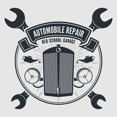 Wall Mural - Car repair service, vintage Logo design concept with retro radiator grill and car headlights. Vector illustration