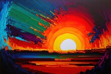  A Painting Of A Sunset With A Bright Orange And Blue Sky In The Background And A Large Orange Sun In The Middle Of The Painting, With A White Cloud In The Middle Of The Sky. Generative Ai