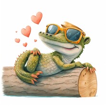  A Lizard With Sunglasses On A Log With Hearts Floating Around It's Head And Eyes Open, With A Heart Shaped Object In The Background, On A White Background, With A Wooden. Generative Ai