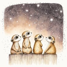  A Painting Of Three Meerkats Sitting On A Ledge In The Snow With Stars In The Background And A Sky Filled With Snow Flecking With Stars And Dust And Snowflakes. Generative Ai