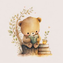  A Teddy Bear Sitting On A Stump Reading A Book And Holding A Cup Of Tea With A Tree In The Background And A Branch With Leaves And A Honey Jar On Top Of The Ground. Generative Ai