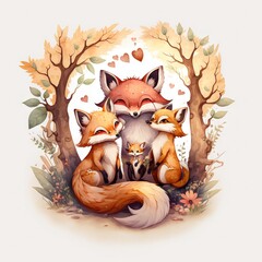 Wall Mural -  a couple of foxes sitting next to each other on a tree branch with leaves and flowers around them and a heart shaped hole in the middle of the picture with leaves and a heart above. generative ai