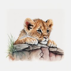 Poster -  a painting of a baby lion resting on a rock with grass in the foreground and a white background behind it, with a white backdrop of a white wall and a small patch of grass. generative ai