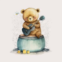 Wall Mural -  a bear with a guitar sitting on a barrel of honey watercolor drawing by artist mark adkins, $ 3, 500, via the artist mark adkins com, $ 3, $ 3, $ 3, $ 3,. generative ai Generative AI