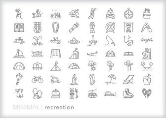 set of recreation line icons of outdoor camping and adventure activities