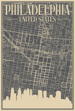Grey Hand-drawn Framed Poster Of The Downtown PHILADELPHIA, UNITED STATES OF AMERICA With Highlighted Vintage City Skyline And Lettering