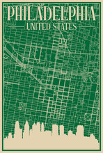 Green Hand-drawn Framed Poster Of The Downtown PHILADELPHIA, UNITED STATES OF AMERICA With Highlighted Vintage City Skyline And Lettering