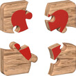 Wooden puzzles with a red heart pattern. Pieces of a wooden mechanical puzzle are connected. Heart for Valentine's Day. Symbol of love. The 14th of February. 3d illustration, 3d rendering
