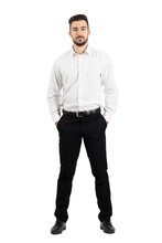 Confident Elegant Business Man With Hands In Pockets Looking At Camera. Full Body Length Portrait Isolated Over Transparent Background