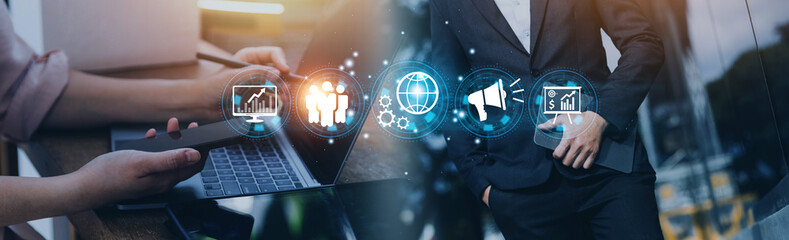 Hand shows the sign and icon of Digital marketing internet advertising and sales increase business technology concept, online marketing, E-business, Ecommerce, Business online.