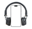 Mobile phone screen mockup, black headphones isolated on white background. Smartphone display mock up and head phones for listening music, audio, podcast app