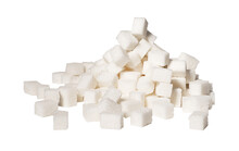 Refined Sugar Cubes Pieces In Pile, Heap. Lot Of Sweet Blocks Isolated On White Background