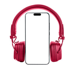Poster - Mobile phone screen mock up, red headphones isolated on white background. Smartphone display mockup and head phones for listening music, audio application