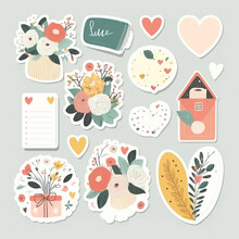 Set Of Love Stickers For Daily Planner And Diary. Collection Of Scrapbook Design Elements For Valentines Day, Heart, Holiday Gift, Flowers. Romantic Doodle Icons Pack.