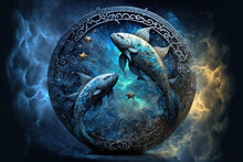 Zodiac Sign Of Pisces, Fantasy Fish With Magic Light In Space, Generative AI
