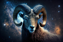 Zodiac Sign Of Aries, Ram With Magic Light And Stars In Space, Generative AI