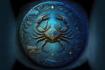 Wall Mural - Zodiac sign of Cancer, fantasy crab in wheel with magic starry sky, generative AI