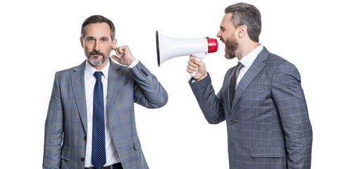 Wall Mural - businessmen ignore shouting in megaphone isolated. businessmen ignore shouting in megaphone