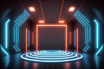 Wall Mural - Empty stage and neon lines in the dark room, 3d rendering.