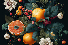 Colorful Pattern Of Citrus Fruit Slices And Leaves. - Generated AI