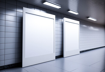 Two mockup blank white signs in underground subway. Generative AI