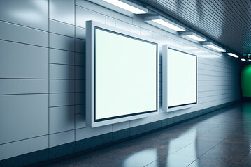 Wall Mural - Two mockup blank white signs in underground subway. Generative AI