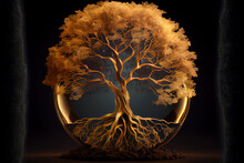 Golden Tree Of Life With Roots. Afterlife Concept. 