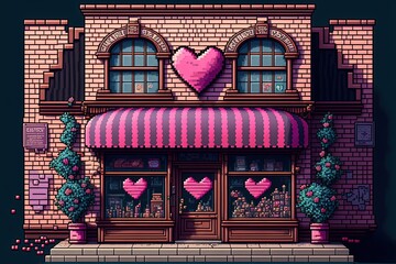 Pixel art store front facade with valentine's decor, background in retro style for 8 bit game, Generative AI