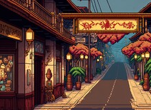 Pixel Art Chinese Street With Temples, Lamps And Trees, Chinese New Year Decoration, Background In Retro Style For 8 Bit Game, Generative AI