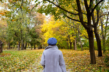 Wall Mural - woman walking in autumn park