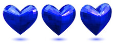 Set Of Three Volume Faceted Hearts In Blue Colors With Shadows On White Background