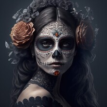 Dia De Los Muertos, Mexican Holiday Of The Dead And Halloween. Woman With Sugar Skull Make Up And Flowers. This Image Is Generated With Generative AI