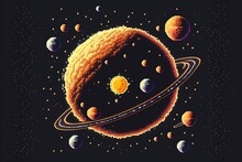 Pixel Art Planetary System, Background In Retro Style For 8 Bit Game, Generative AI