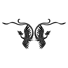 symmetrical animal design with two flying birds. ethnic chinese cranes or phoenixes. black and white