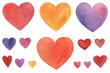 Set of watercolor hand-drawn hearts. Colorful elements for Valentine's scrapbooking and postcards.