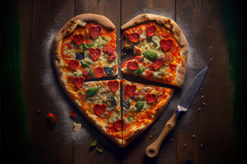 Created with Generative AI technology. Tasty heart-shaped pizza on white background