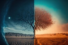  A Split Photo Of A Tree And A Desert Landscape With A Moon In The Sky And A Tree Without Leaves In The Ground, With A Blue Sky And Orange And Red Background With A.
