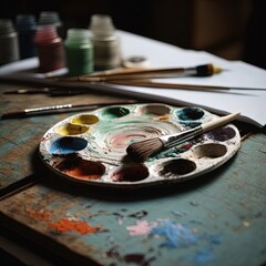 Sticker -  a palette of paint and brushes on a table with other paints and brushes on it and a palette of watercolors on the table next to it, with a white paper and a.