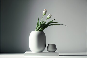 Sticker -  a white vase with flowers in it on a table next to a cup and a candle holder on a white surface with a shadow of a wall behind it and a gray background behind it.