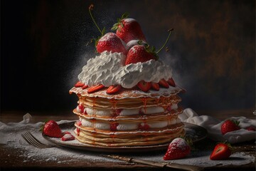 Poster -  a cake with strawberries on top of it on a plate with a fork and spoon next to it and powdering on the cake and strawberries on the plate next to the cake.