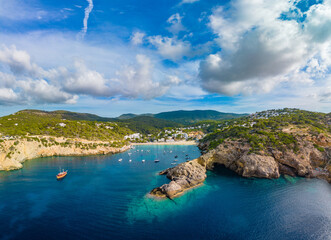 Aerial view of Cala Vadella, Ibiza islands, Spain