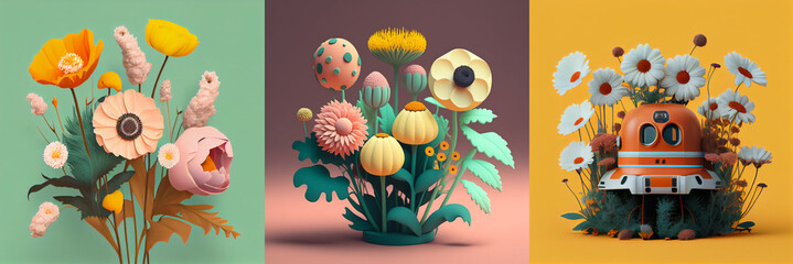 Wall Mural - Set of vintage flowers illustrations. Isolated composition on one tone background.